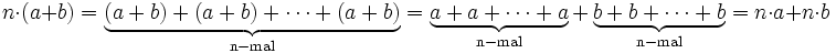 n \cdot(a + b) = \underbrace{(a+b)+(a+b)+\cdots+(a+b)}_{\rm n-mal} = \underbrace{a + a + \cdots + a}_{\rm n-mal} + \underbrace{b + b + \cdots + b}_{\rm n-mal} = n \cdot a + n \cdot b