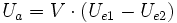 U_a = V \cdot ( U_{e1} - U_{e2} )