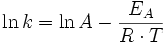  \ln{k} = \ln{A} - \frac {E_{A}} {R \cdot T } 