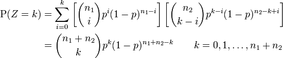 \begin{align}
  \operatorname P(Z=k) &amp;amp;amp;= \sum_{i=0}^k\left[\binom{n_1}i p^i (1-p)^{n_1-i}\right]\left[\binom{n_2}{k-i} p^{k-i} (1-p)^{n_2-k+i}\right]\\
                       &amp;amp;amp;= \binom{n_1+n_2}k p^k (1-p)^{n_1+n_2-k} \qquad k=0,1,\ldots,n_1+n_2
\end{align}