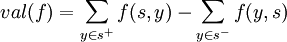 val(f) = \sum_{y\in s^+}f(s,y) - \sum_{y\in s^-}f(y,s)