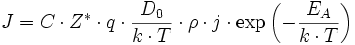 J=C\cdot Z^*\cdot q\cdot\frac{D_0}{k\cdot T}\cdot\rho\cdot j\cdot\exp\left(-\frac{E_A}{k\cdot T}\right)