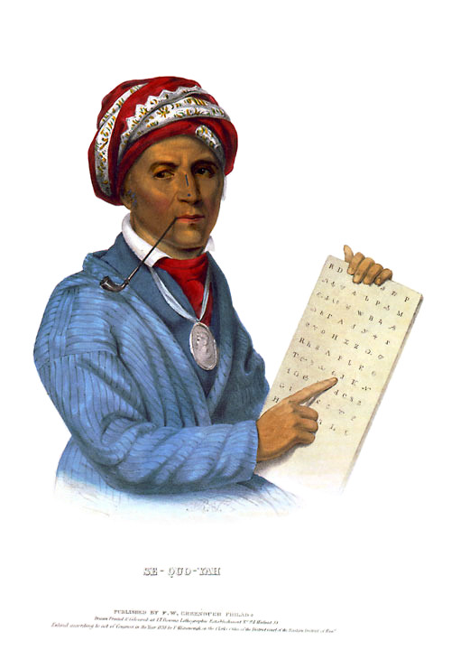 Sequoyah mit einer Tabelle der von ihm entwickelten CherokeeSchrift