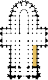 Grob schematisierter Grundriss des Kölner Domes auf Basis diverser alter Grundrisse nachgezeichnet. Südliches Seitenschiff farblich hervorgehoben
