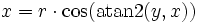 x = r\cdot\cos(\operatorname{atan2}(y,x)) 