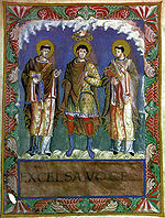 Karl 1 mit papst gelasius gregor1 sacramentar v karl d kahlen.jpg