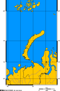 Oben: Franz-Joseph-Land.Mitte: Nowaja Semlja. Rechts: Jamal-Halbinsel und Obbusen