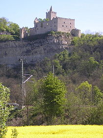 Blick vom Saaletal hinauf zur Burg