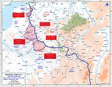 Karte mit farbigen Hervorhebungen zeigt die Stellungen und Offensiven der Frühjahrsoffensive 1918 an der Westfront