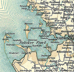 Nakskovfjord mit Vejlø auf einer Karte von ca. 1900