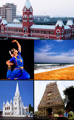 Von oben im Uhrzeigersinn: Bahnhof Chennai Central, Marina Beach, Kapaliswarar-Tempel, St. Thomas Basilica, Bharatanatyam-Aufführung