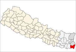 Lage des Distriktes Jhapa (rot) in Nepal, die Verwaltungszone Mechi ist dunkelgrau markiert.