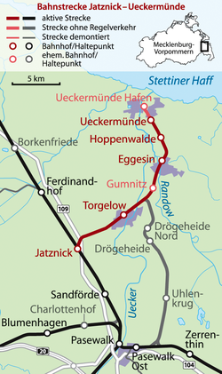 Strecke der Bahnstrecke Jatznick–Ueckermünde