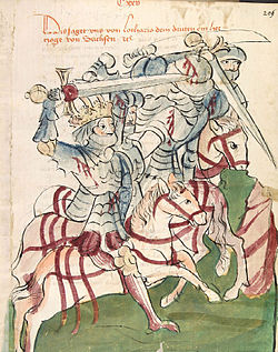 König Lothar III. kämpft bei Chlumec gegen die Böhmen. Illustration einer Ausgabe der Historia septem sapientum, um 1450.