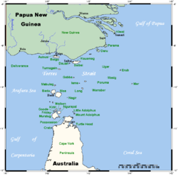 Lage der Torres-Strait-Inseln:Murray (Mer) Bildmitte, rechts.