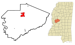 Lage im Yazoo County (linke Karte)  Lage des Yazoo County in Mississippi (rechte Karte)