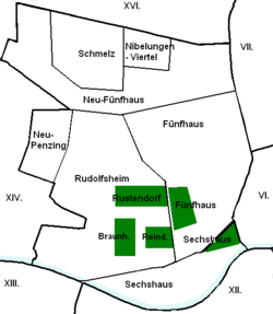 Die Bezirksteile von Rudolfsheim-Fünfhaus und die ehemaligen Dörfer (grün)