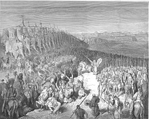 Judas Makkabäus an der Front vor dem Heer des Nikanor, Holzstich von Gustave Doré (1865), Illustration für die Prachtausgabe der Bibel in fr. Sprache aus dem Verlag Tours von Alfred Mame.