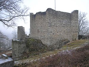 Die Hauptburg der Burgruine von Treuchtlingen. Ansicht aus Nordwesten (Dezember 2007, vor der Erhöhung).