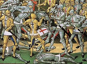 Detailansicht einer Illustration des Turniers der Dreißig aus den Chroniken von Nantes von Pierre Le Baud (1480).