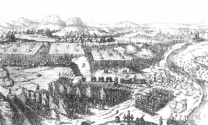 1603 angefertigte Radierung der Schlacht, rechts die Weser, im Hintergrund Drakenburg