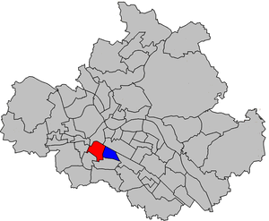 Lage von Südvorstadt-Ost (blau) und -West (rot) in Dresden