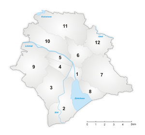 Karte der Stadt Zürich mit dem Katzensee am nördlichen Stadtende