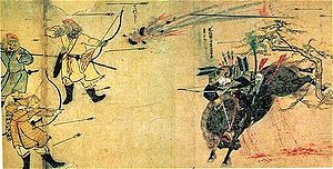 Der Samurai Suenaga im Kampf gegen mongolische Pfeile und Bomben. Mōko Shūrai Ekotoba (蒙古襲来絵詞), ca.1293