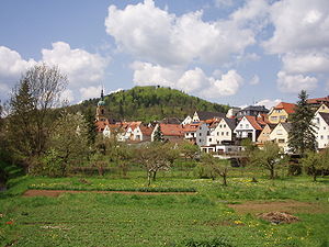 Ansicht der Stadt Pegnitz und dem Schlossberg im Hintergrund