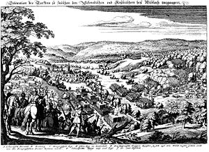 Die Schlacht bei Wiesloch am 16. August 1632, nach einem Stich von Matthäus Merian (Blickrichtung nach Osten) In der Bildmitte ist die evangelische Stadt-Kirche von Wiesloch, die Stadtmauer und die „Leimbach“ zu erkennen.