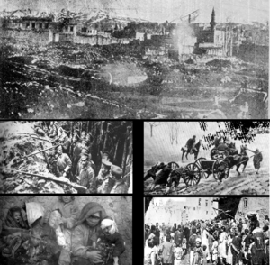 Oben: Zerstörte Stadt Erzurum; Mitte links: Russische Truppen; Unten links: Verwundete muslimische Flüchtlinge; Mitte rechts: Osmanische Truppen; Unten rechts: Armenische Flüchtlinge.