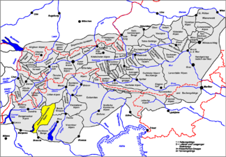 Lage der Adamello-Presanella-Alpen innerhalb der Ostalpen