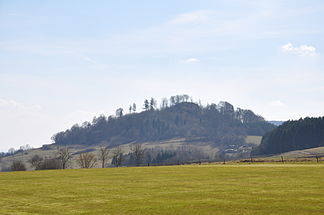 Blick von Norden, vorbei am Wäldchen desKleinen Schönbergs, zum Burgberg