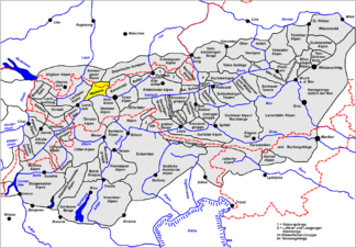 Lage der Gruppe Wettersteingebirge und Mieminger Gebirge (gelb hervorgehoben) innerhalb der Ostalpen