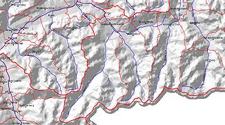 Die Grafik zeigt die von Süden kommenden Zuflüsse Kelchsauer und Windauer Ache, die Brixentaler Ache strömt von Brixen im Thale nach Hopfgarten bis Wörgl.
