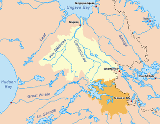 Einzugsgebiet des Koksoak in gelb, abgeleitetes Einzugsgebiet des Caniapiscau in orange