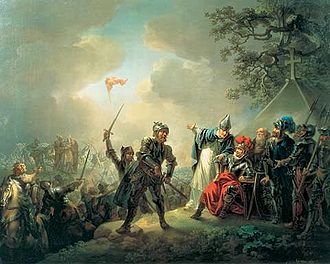 Der Danebrog fällt während der Schlacht von Lyndanisse vom Himmel. Gemälde von Christian August Lorentzen (1809)