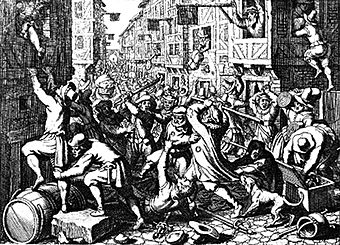 Die Plünderung der Frankfurter Judengasse während des Fettmilch-Aufstands; Stich von Matthäus Merian aus dem Jahr 1628