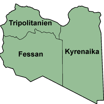 Die drei historischen Provinzen Libyens, mit Tripolitanien im Nordwesten