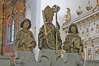 Kilian, Kolonat und Totnan, Kopien der Riemenschneider-Holzfiguren in der Neumünster-Kirche, Würzburg
