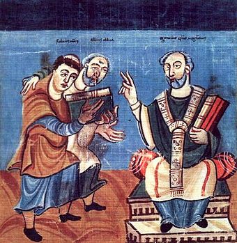 Der junge Rabanus Maurus (links), Darstellung in einem Manuskript aus Fulda um 830/40