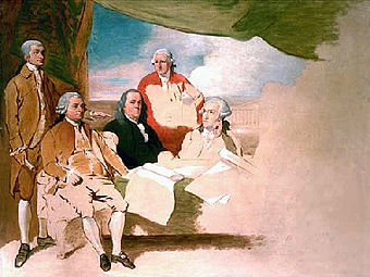 Vertrag von Paris von Benjamin West, das Gemälde stellt John Jay, John Adams, Benjamin Franklin, Henry Laurens und William Temple Franklin dar, der britische Abgeordnete weigerte sich, Modell zu sitzen, so dass das Bild nie vollendet wurde.