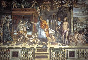 Die Hochzeit Alexanders des Großen mit der Prinzessin Roxane. Um 1517 von Sodoma gestaltetes und von Francesco Primaticcio gemaltes Fresko in der Villa Farnesina, Rom