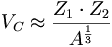  V_C \approx \frac{Z_1 \cdot Z_2}{A^\frac{1}{3}} 