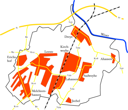 Lage der Ortsteile der Gemeinde Weyhe