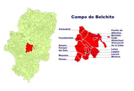 Die Lage des Campo de Belchite in Aragonien und die Lage der einzelnen Gemeinden