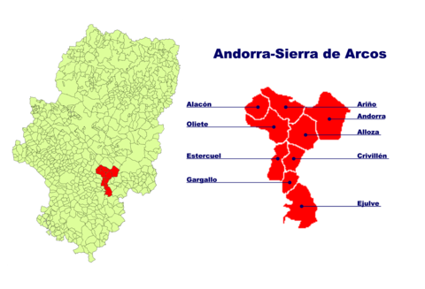 Lage VON Andorra-Sierra de Arcos in Aragonien und Lage der einzelnen Gemeinden