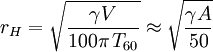 r_H=\sqrt \frac{\gamma V}{100\pi\, T_{60}} \approx \sqrt \frac{\gamma A}{50}\,