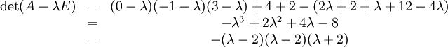 \begin{matrix}\det(A-\lambda E)&amp;amp;amp;=&amp;amp;amp;(0-\lambda)(-1-\lambda)(3-\lambda)+4+2-(2\lambda+2+\lambda +12- 4\lambda) \\ &amp;amp;amp;=&amp;amp;amp;-\lambda^3+2\lambda^2+4\lambda-8 \\ &amp;amp;amp;=&amp;amp;amp;-(\lambda-2)(\lambda-2)(\lambda+2) \end{matrix}