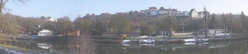 Blick auf Marbach von der anderen Neckarseite. Links der Altstadt ist der Einschnitt des Strenzelbachtals zu erkennen.